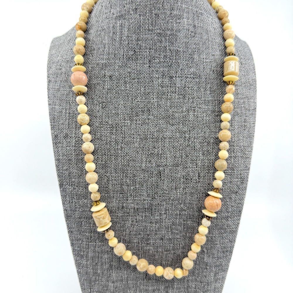 Cream Beige Marbled Bead Long Necklace Bronze Tone Boho Statement Jewelry Gift